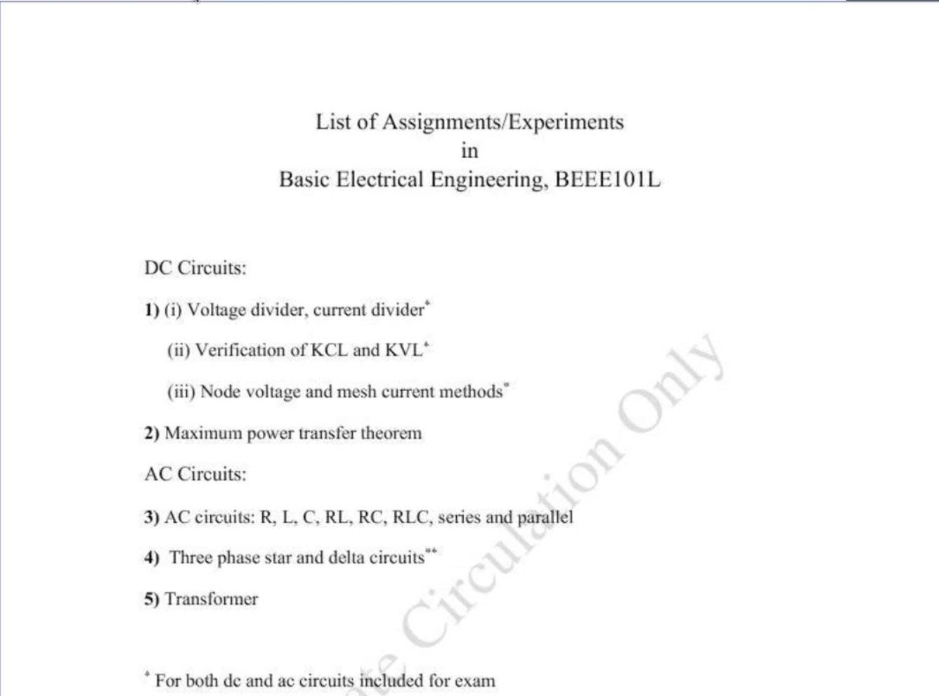 Solved List of Assignments/Experiments in Basic Electrical | Chegg.com
