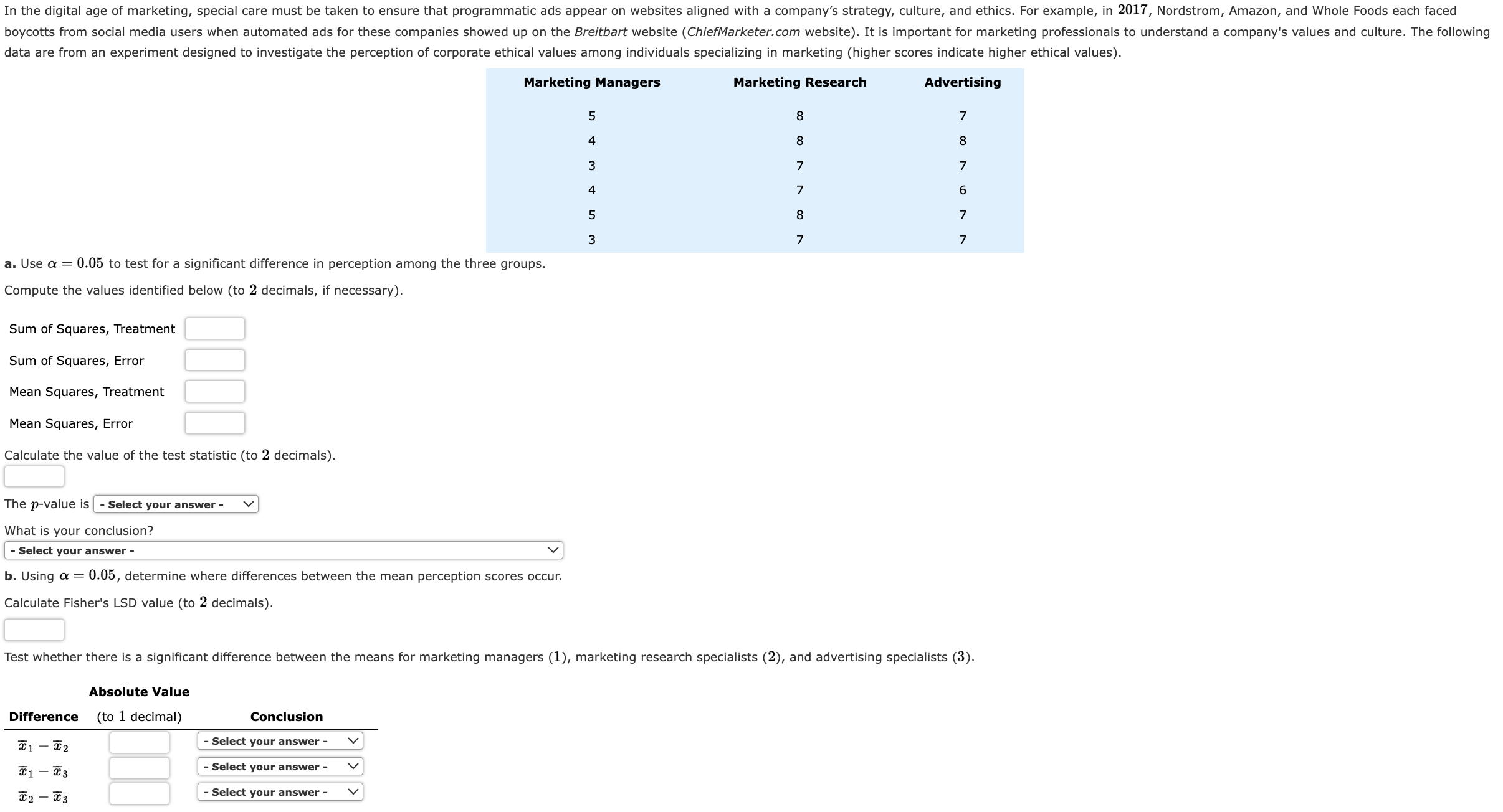 Solved a. Use α=0.05 to test for a significant difference in | Chegg.com