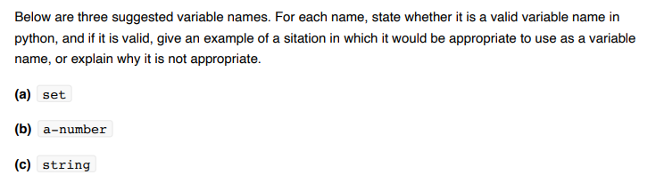 Solved Below are three suggested variable names. For each | Chegg.com