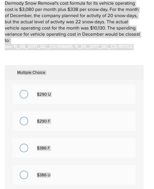 Solved Dermody Snow Removal's cost formula for its vehicle