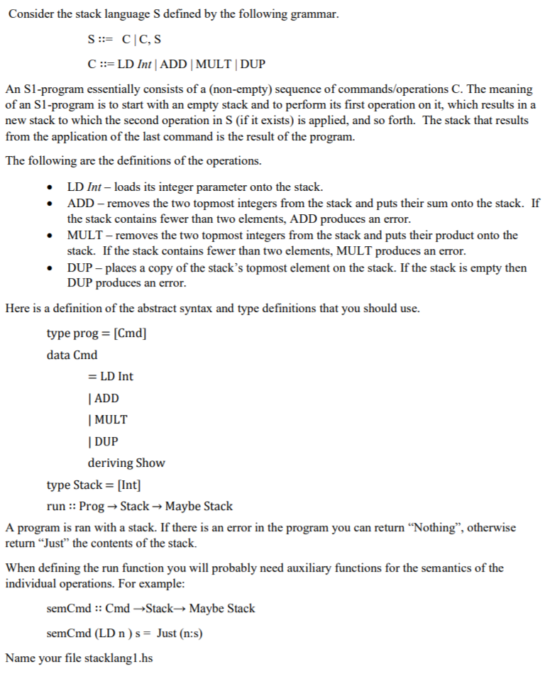 Consider the stack language S defined by the