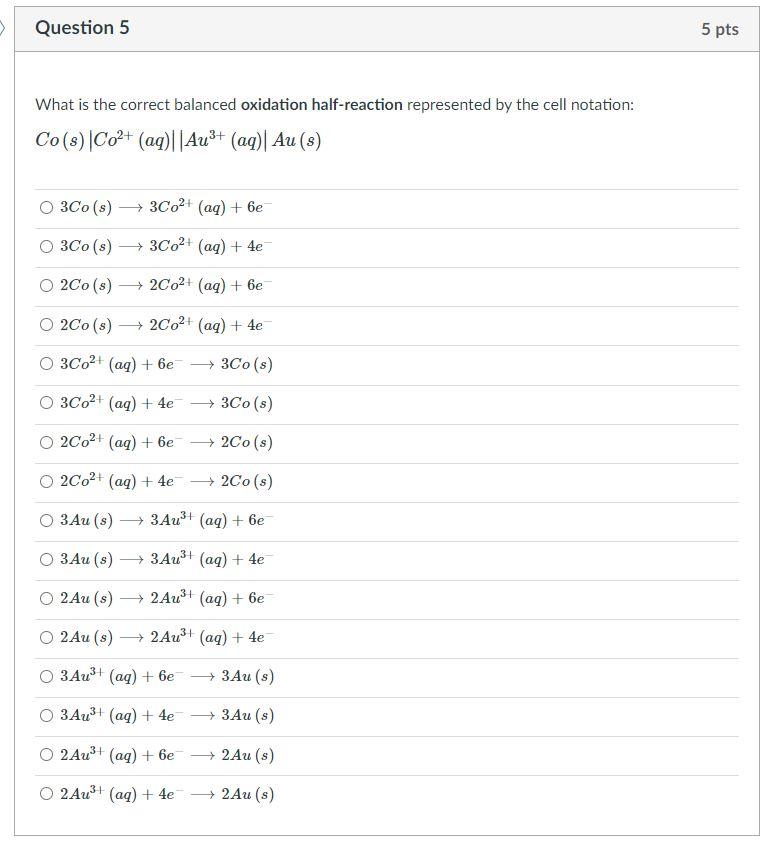 Solved > Question 5 5 pts What is the correct balanced | Chegg.com