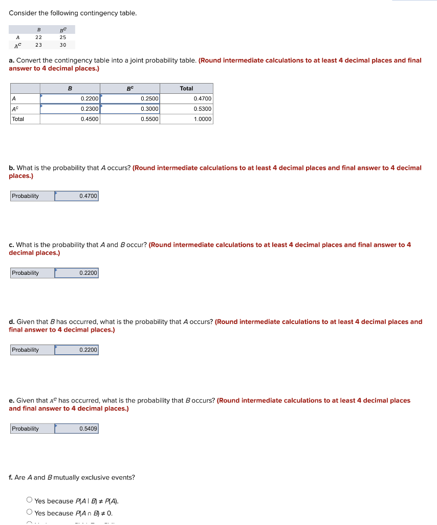 Solved Consider The Following Contingency Table. B BC A 22 | Chegg.com