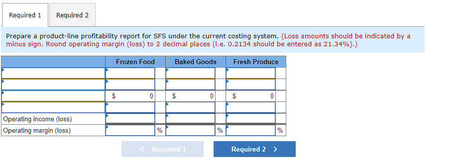 Prepare a product-line profitability report for SFS under the current costing system. (Loss amounts should be indicated by a 