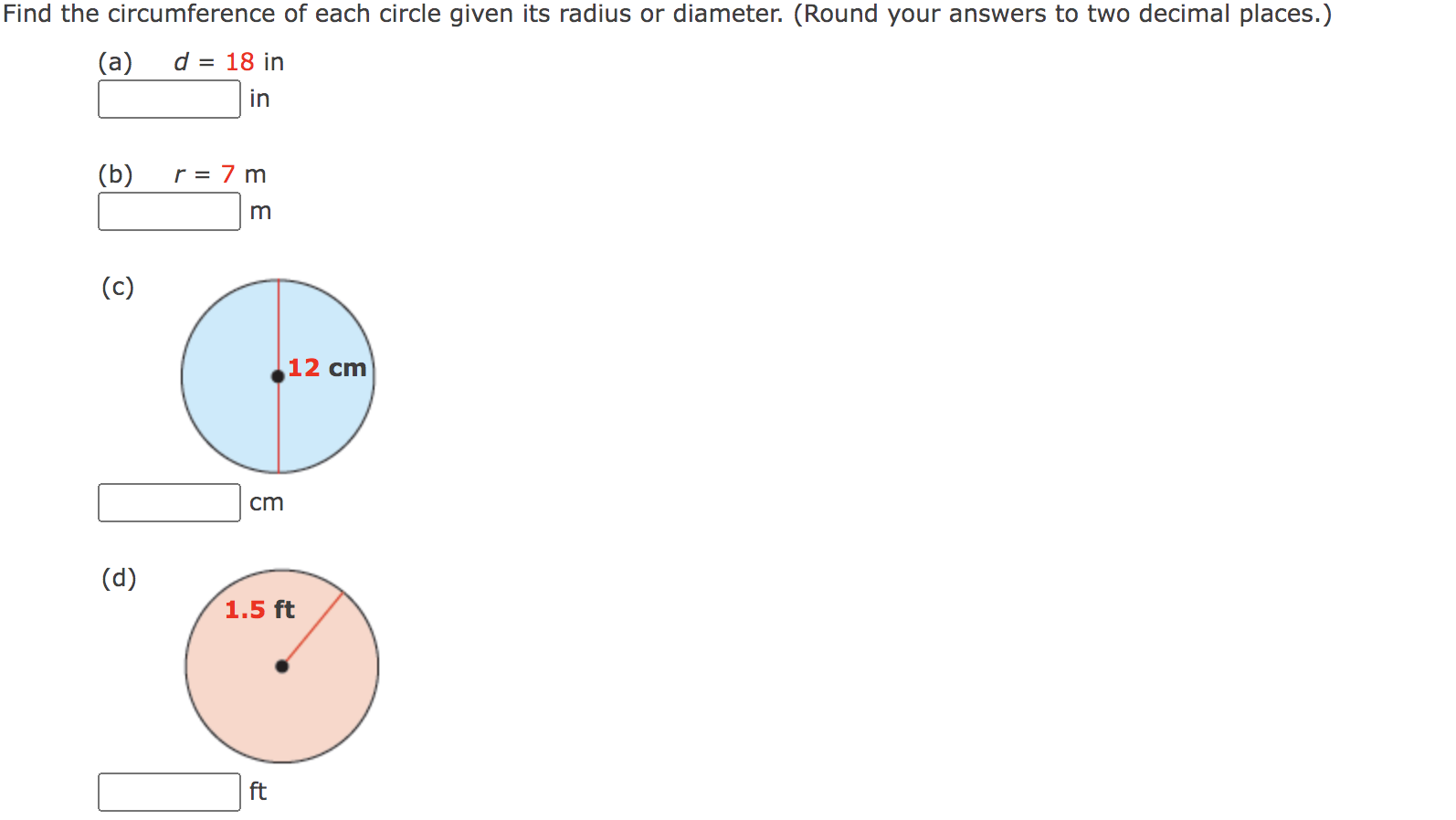 how to find diameter and radius of a circle with given circumference