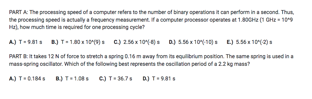 Solved PART A: The processing speed of a computer refers to | Chegg.com