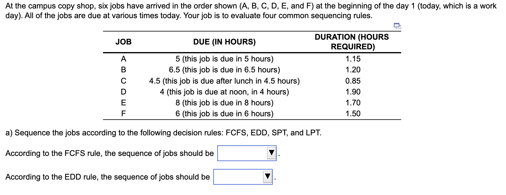 Solved At the campus copy shop, six jobs have arrived in the