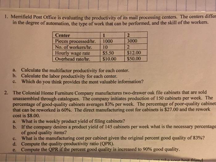 Solved Merrifield Post Office is evaluating the productivity