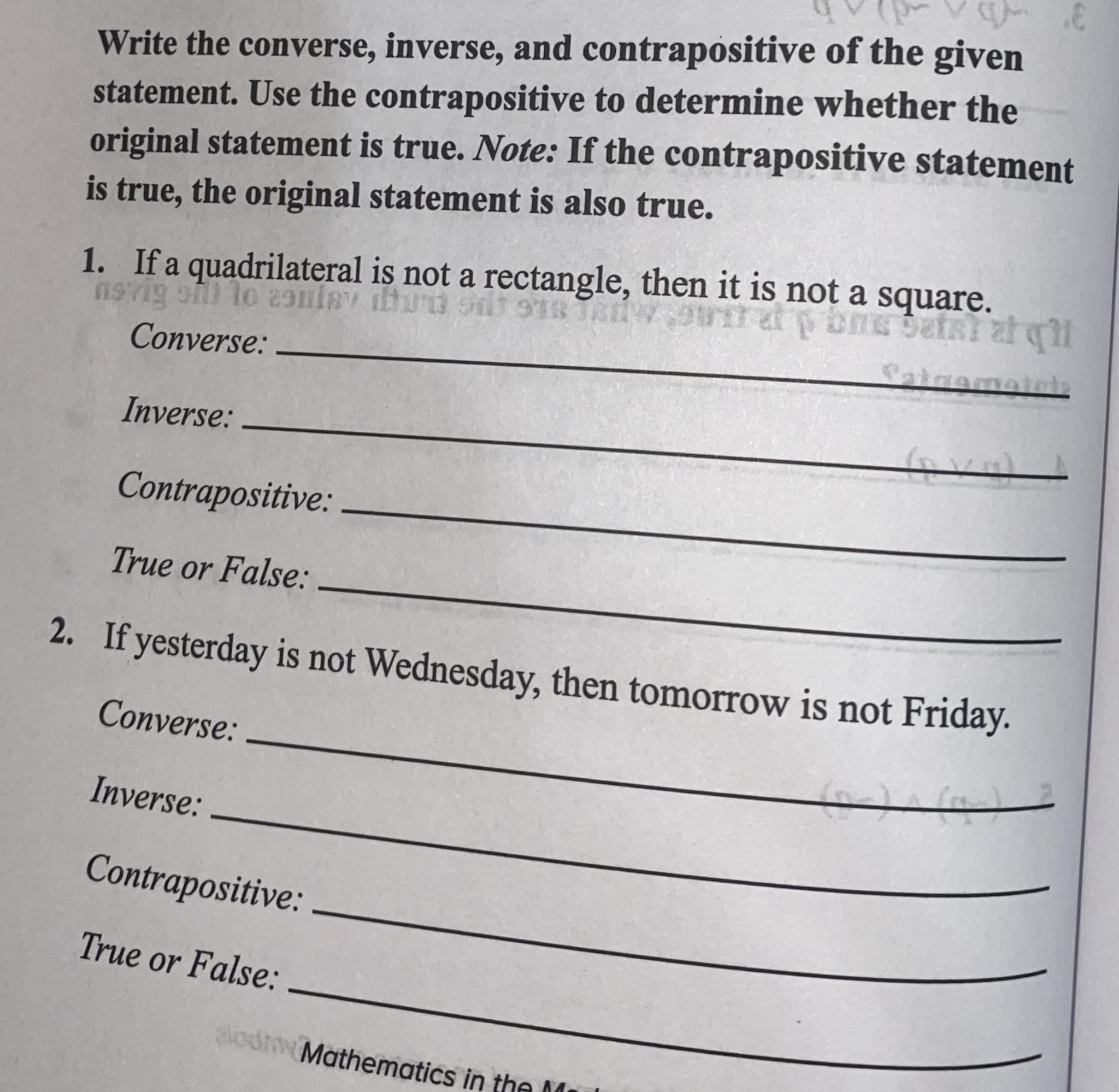 Solved Write the converse, inverse, and contrapositive of | Chegg.com