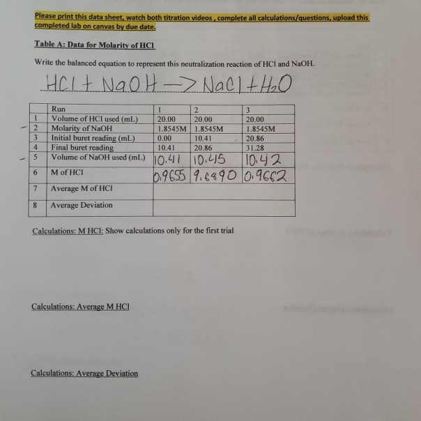 Solved Experiment 12 A Titration Determination Molarity Chegg Com