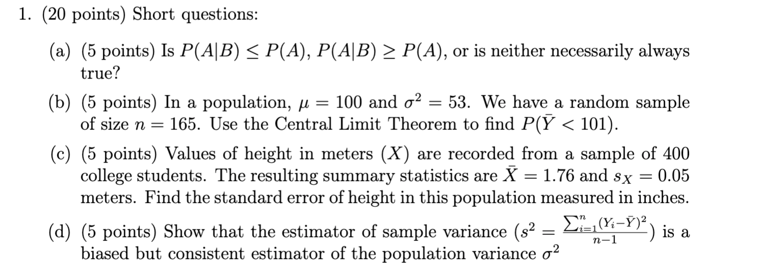 Solved 1. (20 points) Short questions: (a) (5 points) Is | Chegg.com