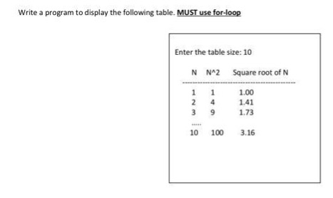 Solved Write a program to display the following table. MUST | Chegg.com