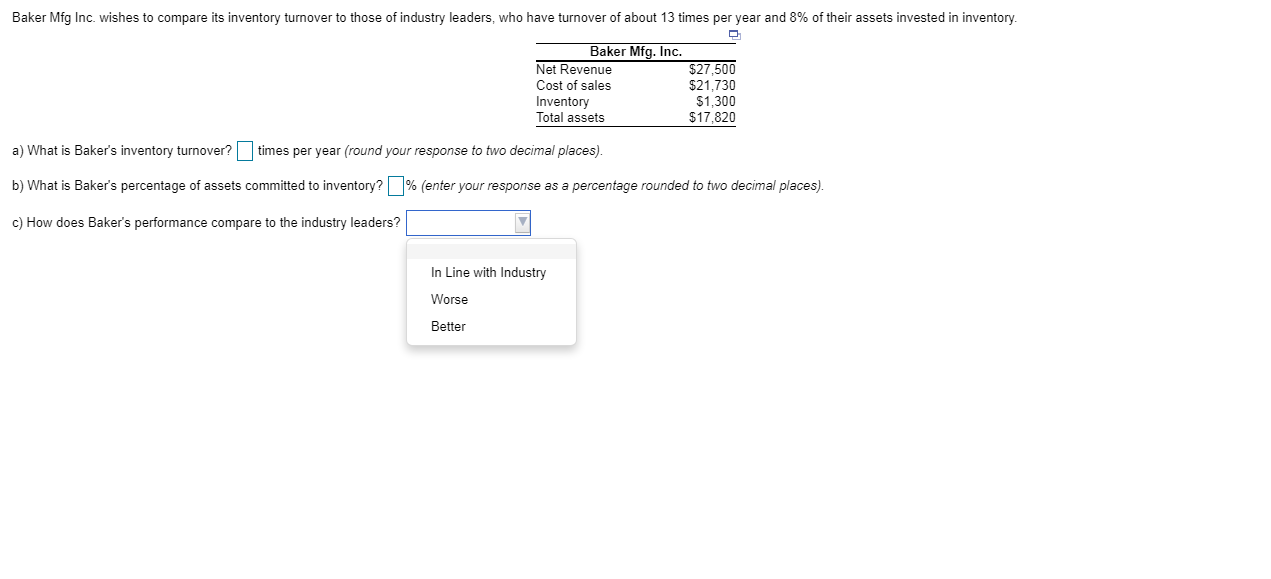 Baker Mfg Inc Wishes To Pare Its Inventory Chegg 