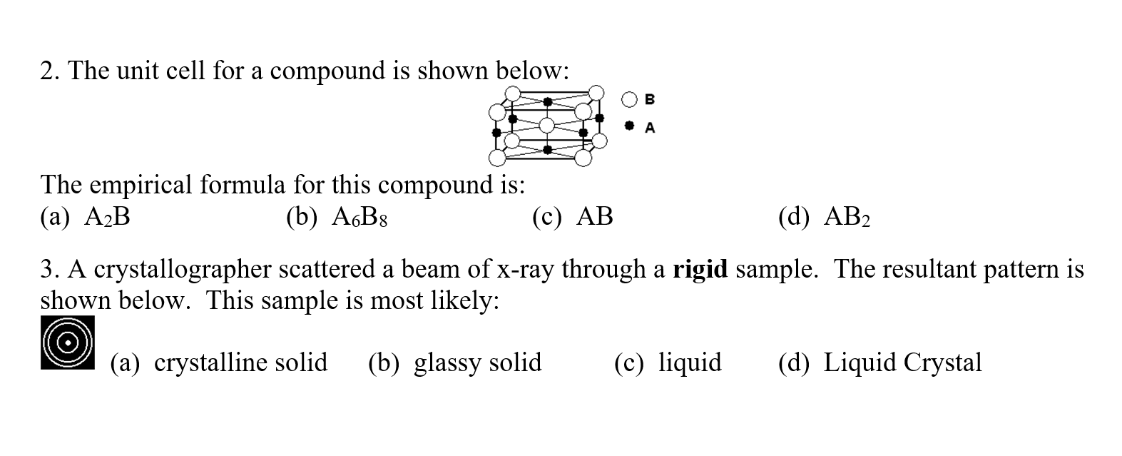 Solved 2. The unit cell for a compound is shown below: B A | Chegg.com