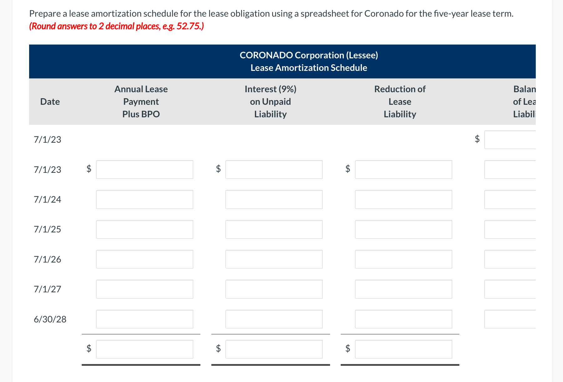 Solved \r\nPrepare a lease amortization schedule for the | Chegg.com