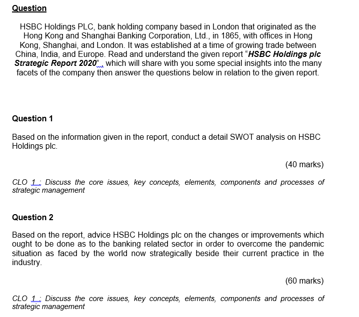 Solved Question HSBC Holdings PLC, bank holding company | Chegg.com