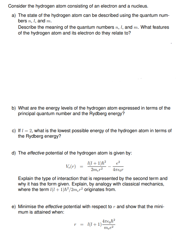 Solved Consider the hydrogen atom consisting of an electron | Chegg.com