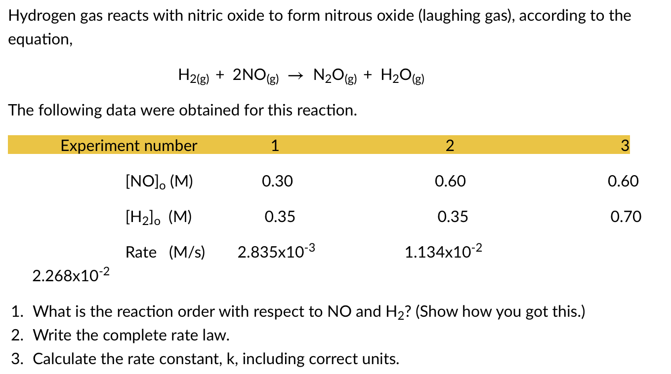 Solved Hydrogen gas reacts with nitric oxide to form nitrous