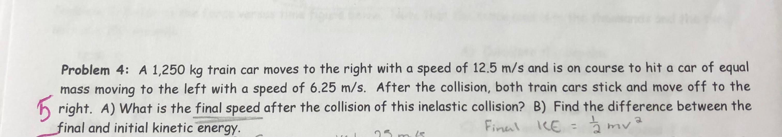 Solved 5 Problem 4: A 1,250 kg train car moves to the right | Chegg.com