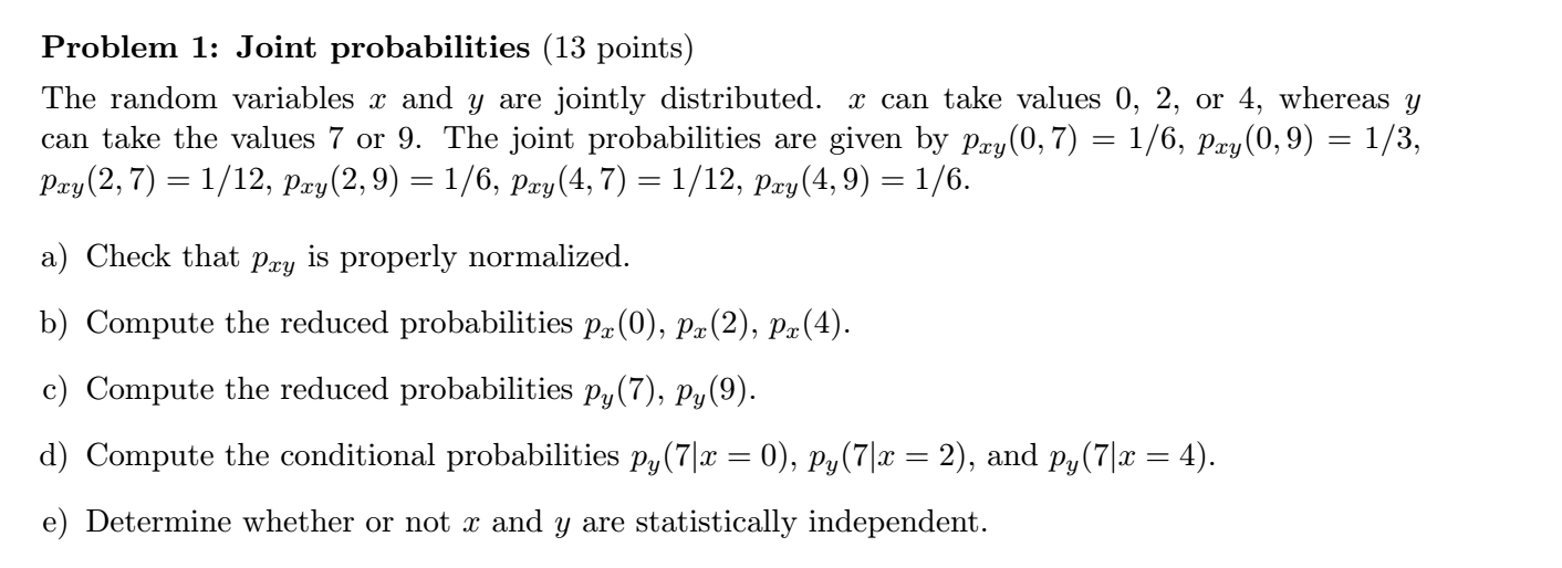 Solved Problem 1: Joint probabilities (13 points) The random | Chegg.com