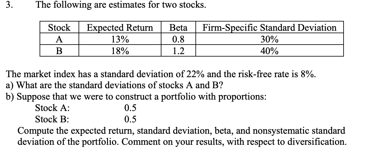 Solved 3. The following are estimates for two stocks. Stock