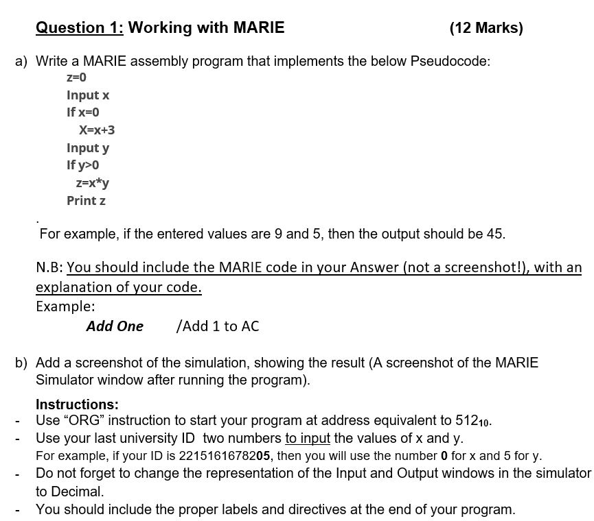Solved Question 1: Working with MARIE (12 Marks) a) Write a | Chegg.com