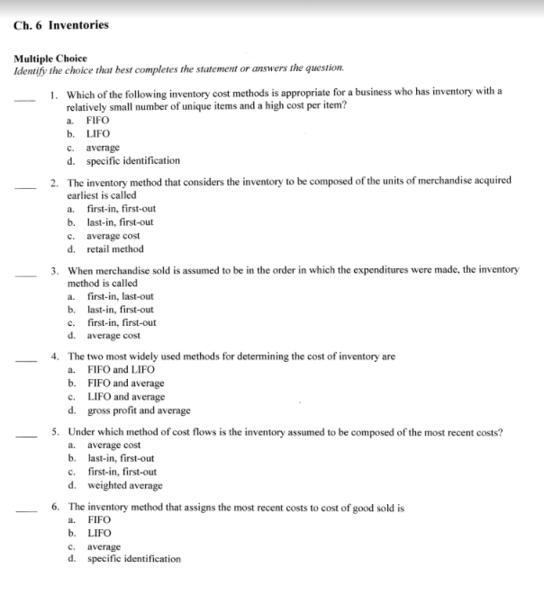 Solved Ch. 6 Inventories Multiple Choice Identify the choice | Chegg.com