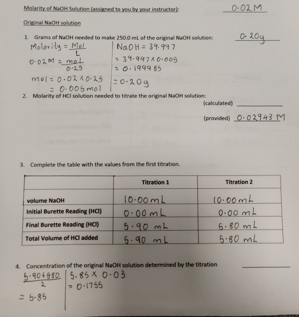 Solved 0.02 M Molarity of NaOH Solution (assigned to you by | Chegg.com