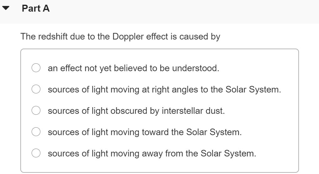Solved Part A The redshift due to the Doppler effect is | Chegg.com