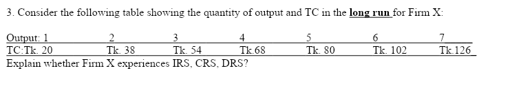 Solved 3. Consider the following table showing the quantity | Chegg.com