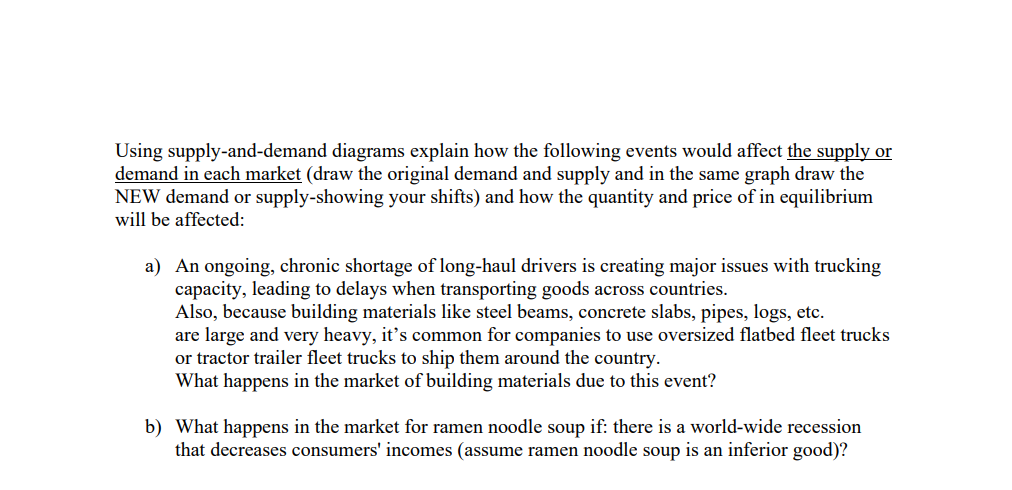 Using supply-and-demand diagrams explain how the following events would affect the supply or demand in each market (draw the