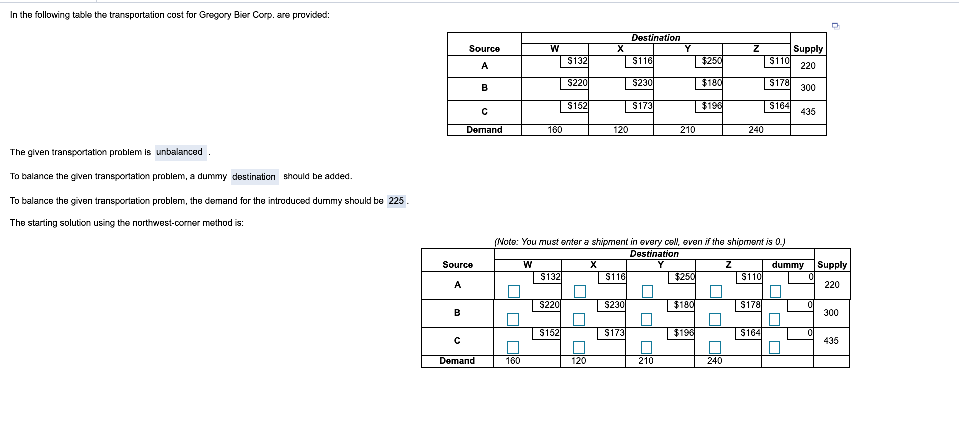 Solved In the following table the transportation cost for