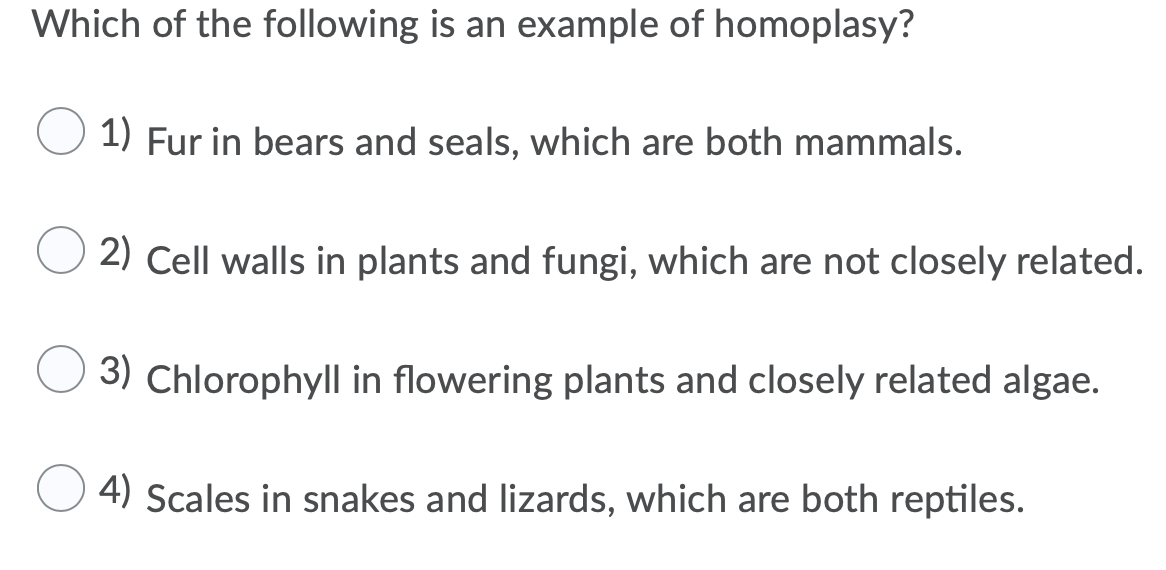 Solved Which Of The Following Is An Example Of Homoplasy? 1) | Chegg.com