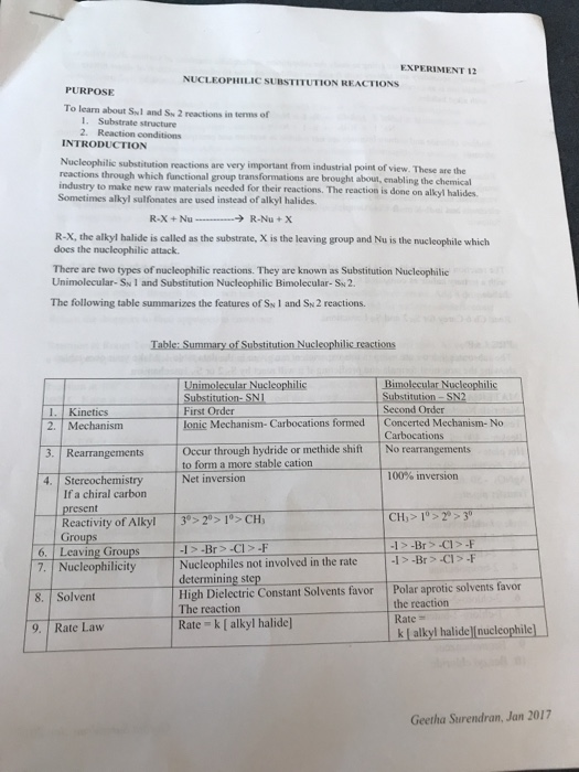 Solved EXPERIMENT 12 NUCLEOPHILIC SUBSTİTUTİON REACTIONS | Chegg.com