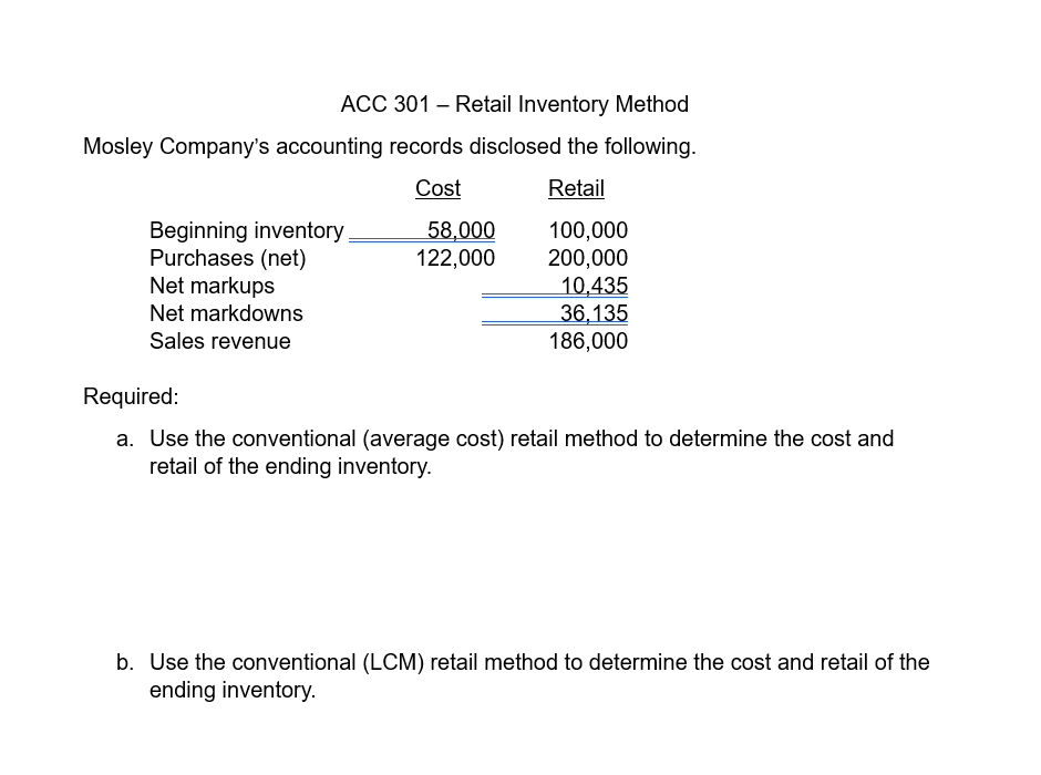 Solved ACC 301 - Retail Inventory Method Mosley Company's | Chegg.com