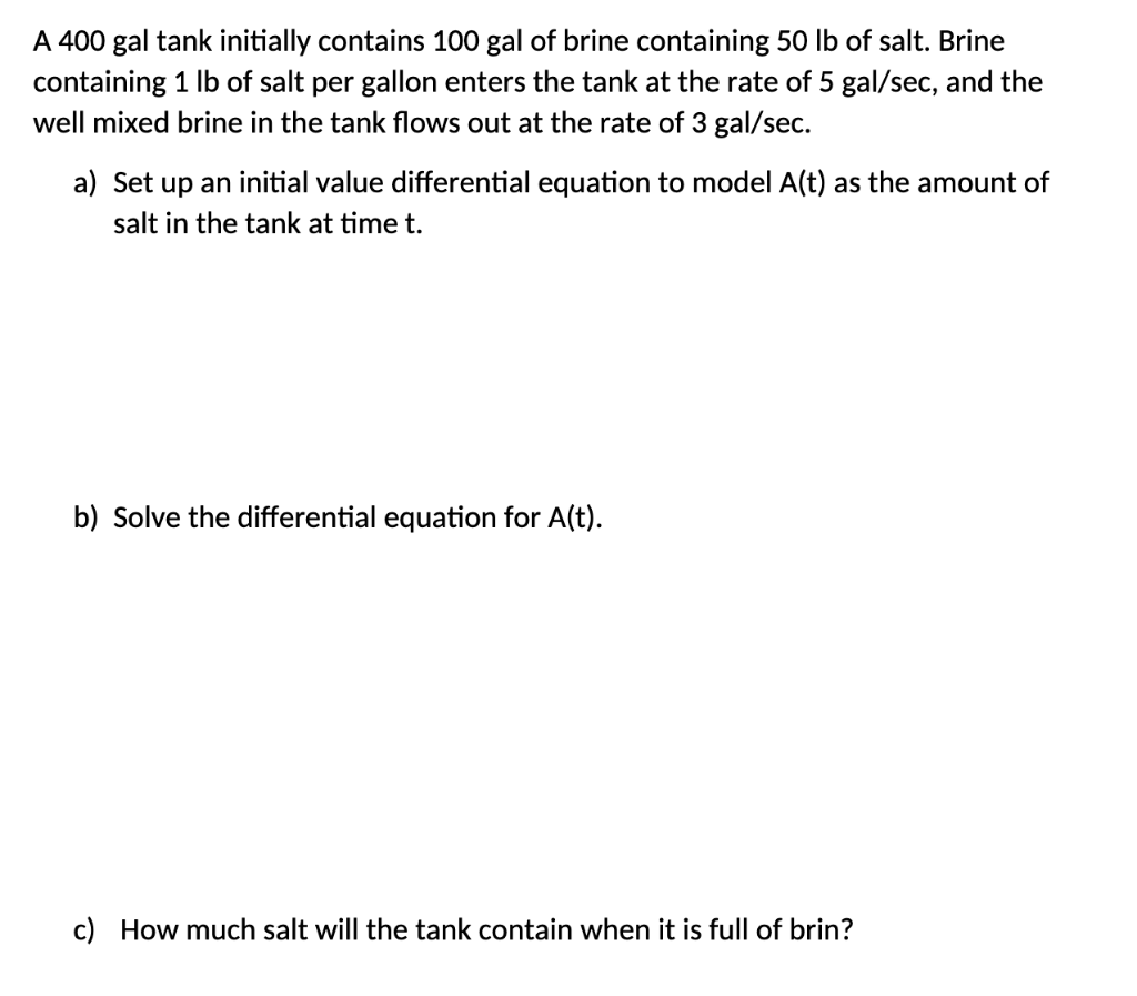 Solved A 400 Gal Tank Initially Contains 100 Gal Of Brine | Chegg.com