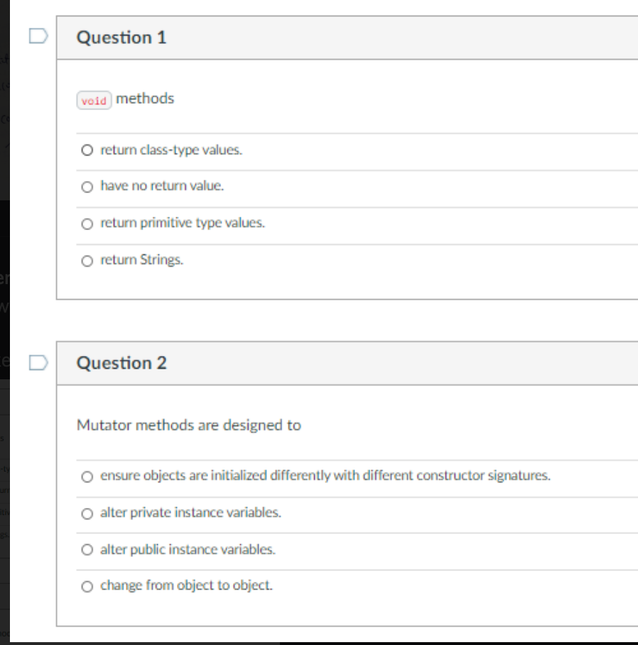 Solved Question 1 void methods O return class-type values. O | Chegg.com