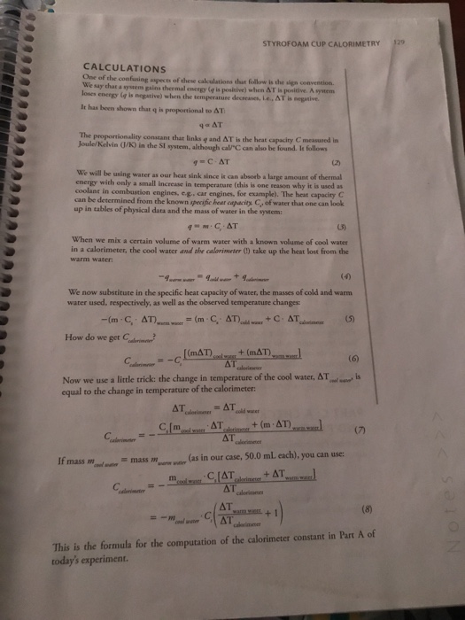 133 LAB 9. STYROFOAM CUP CALORIMETRY Date Section