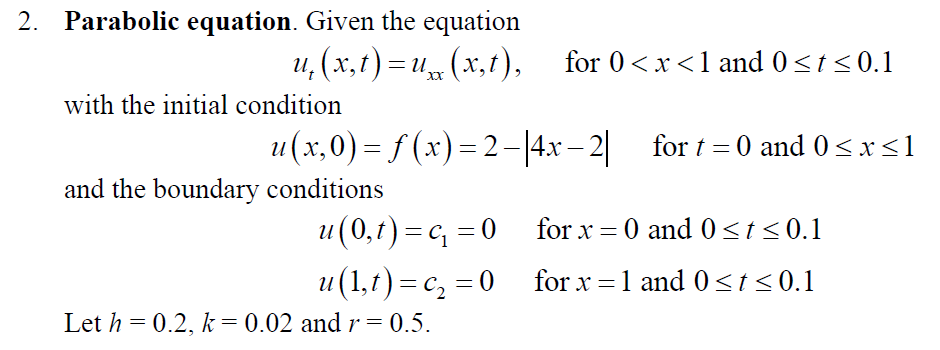 Solved 2. Parabolic equation. Given the equation u₁(x,t)= | Chegg.com