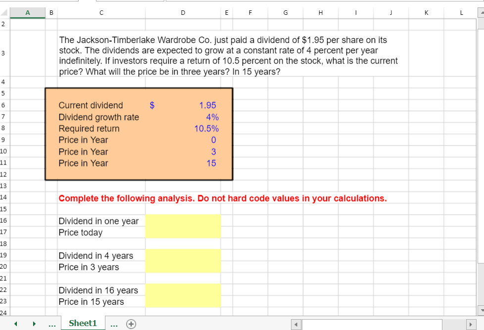 Solved please show me the excel formula to solve each, and I | Chegg.com