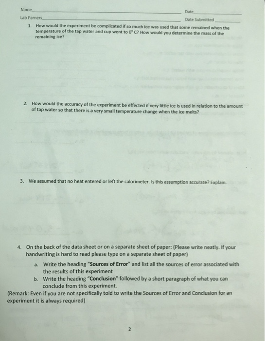 Solved Date Date Submitted Lab Heat of Fusion of ice Metal
