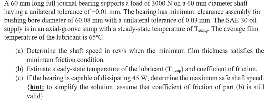 Solved A 60 Mm Long Full Journal Bearing Supports A Load Of | Chegg.com