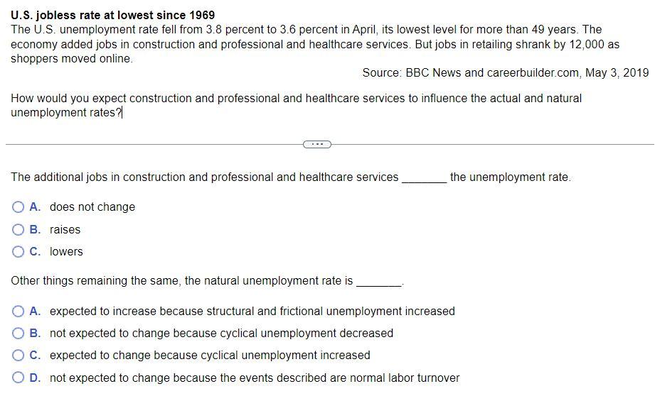 Solved U.S. Jobless Rate At Lowest Since 1969 The U.S. | Chegg.com