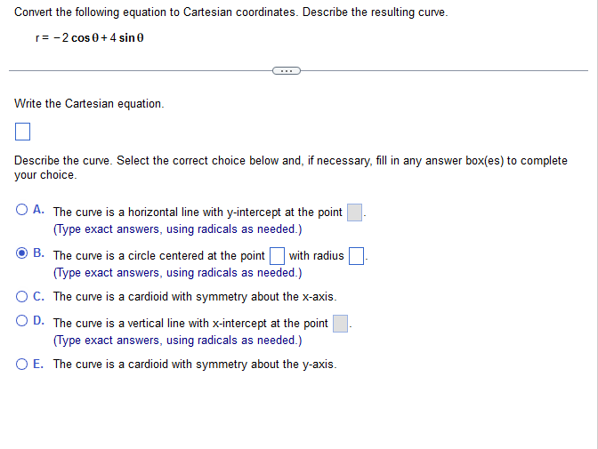 Convert the following equation to Cartesian coordinates. Describe the resulting curve.
\[
r=-2 \cos \theta+4 \sin \theta
\]
W