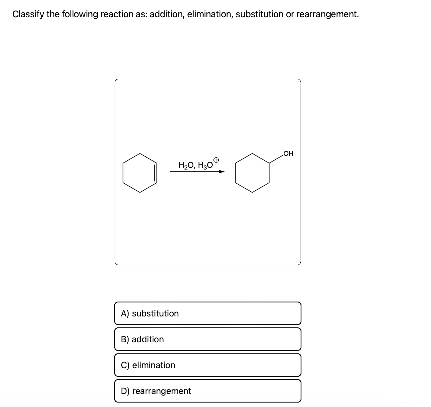 Solved Classify the following reaction as: addition, | Chegg.com image.