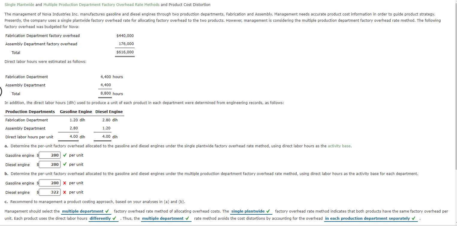 Solved Single Plantwide and Multiple Production Department