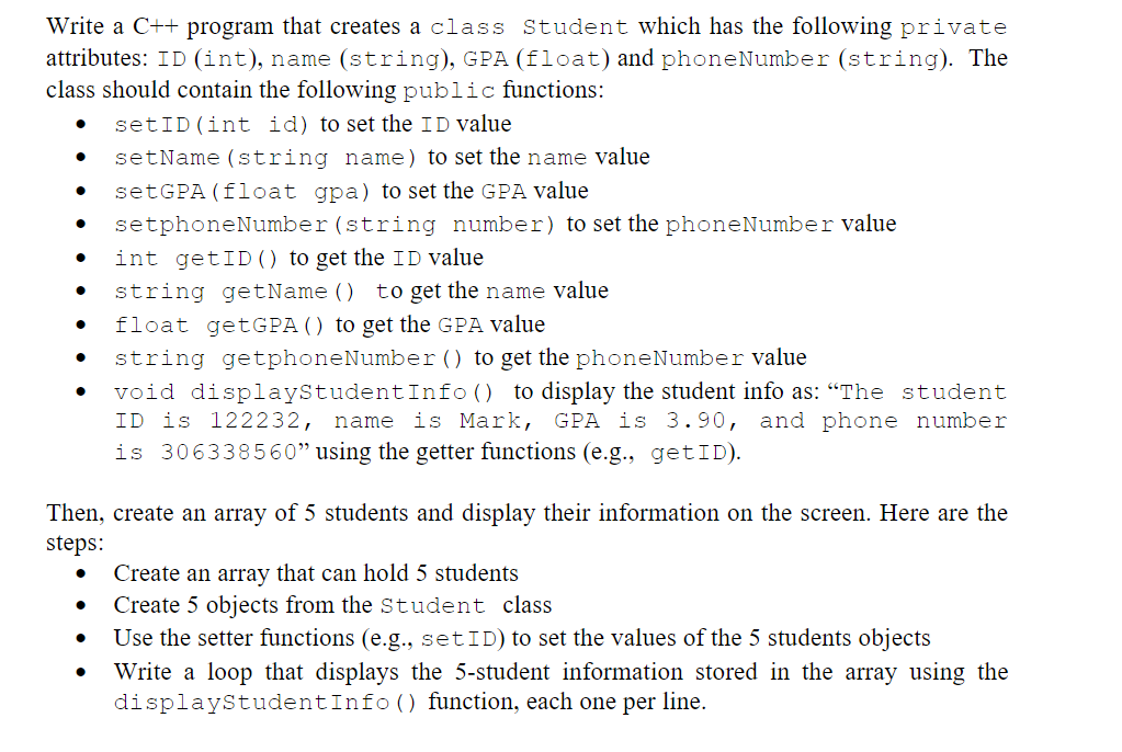 Solved Write a C++ program that creates a class student | Chegg.com
