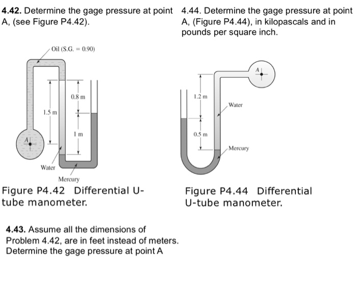 Solved 4.42. Determine the gage pressure at point A, (see | Chegg.com