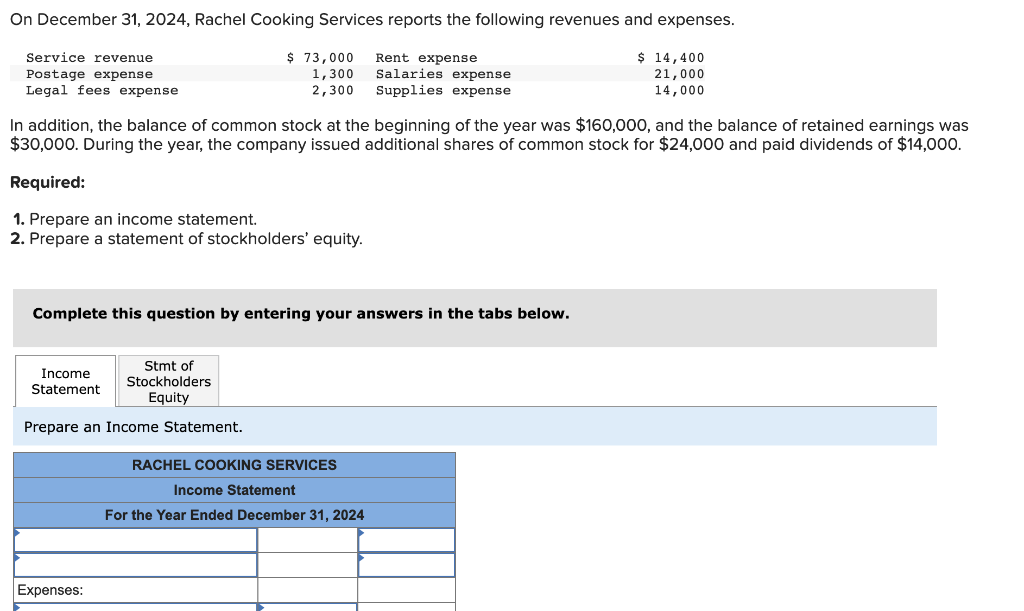 Solved On December 31, 2024, Rachel Cooking Services reports