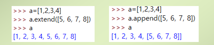>>> a=[1,2,3,4] >>> a.append([5, 6, 7, 8]) >>> a=[1,2,3,4] >>> a.extend([5, 6, 7, 8]) >>> a >>> a [1, 2, 3, 4, 5, 6, 7, 8] [1